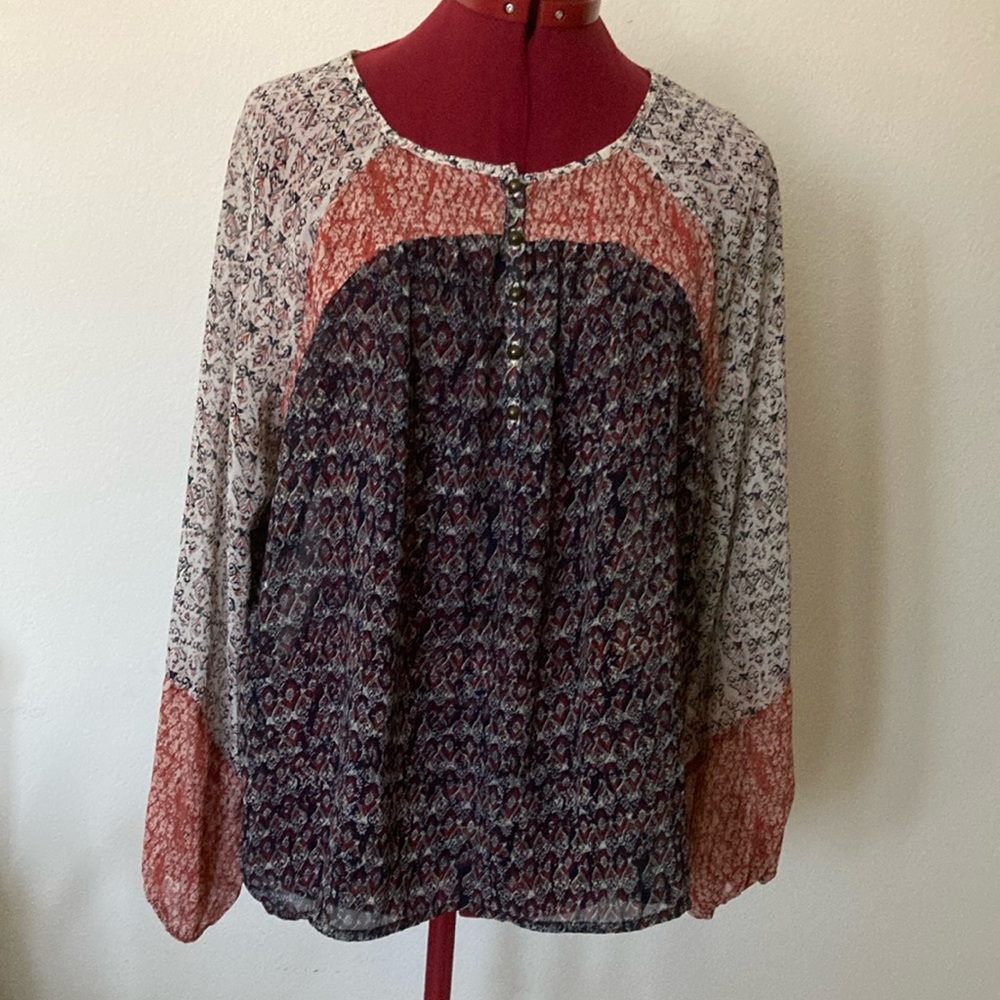 Lucky Brand Medium Boho Sheer Peasant Multicolor Patterned Top Made in India